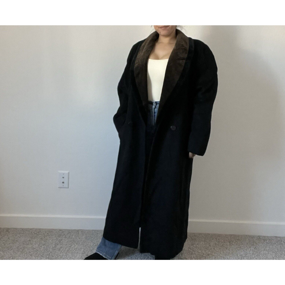Vintage 80s Jonathan Michael Black Wool‎ Coat Paisley Collar Made in USA L/XL
